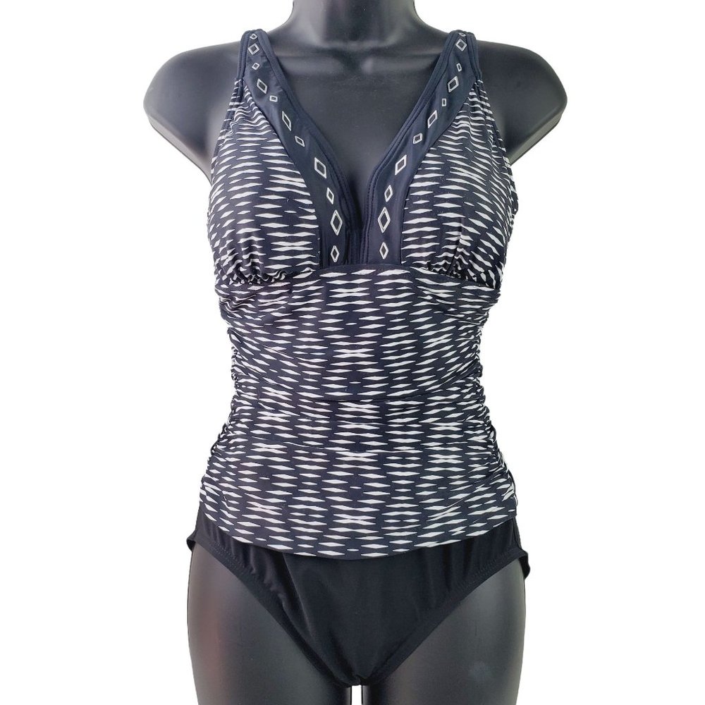 Maidenform Beach Deep V Neck Slimming Side Rouching w/ Geometric Print, Sz 10 - Picture 1 of 9